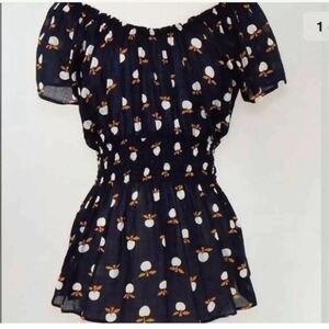 MARIMEKKO Anthropologie Navy Blue Apple Print Sheer Smocked Blouse Top 0